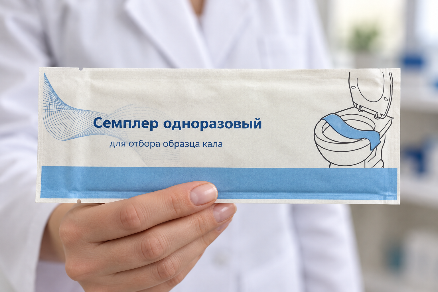 Упаковка одноразового семплера для отбора образца кала в руке специалиста в белом халате